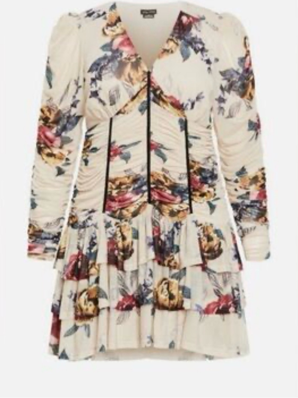 City Chic Cream Floral Tiered Long-Sleeve Dress